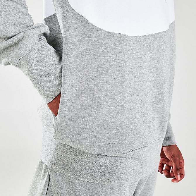 On Model 6 view of Men's Nike Sportswear Swoosh Logo Tech Fleece Pullover Hoodie in Dark Grey Heather/White/White Click to zoom