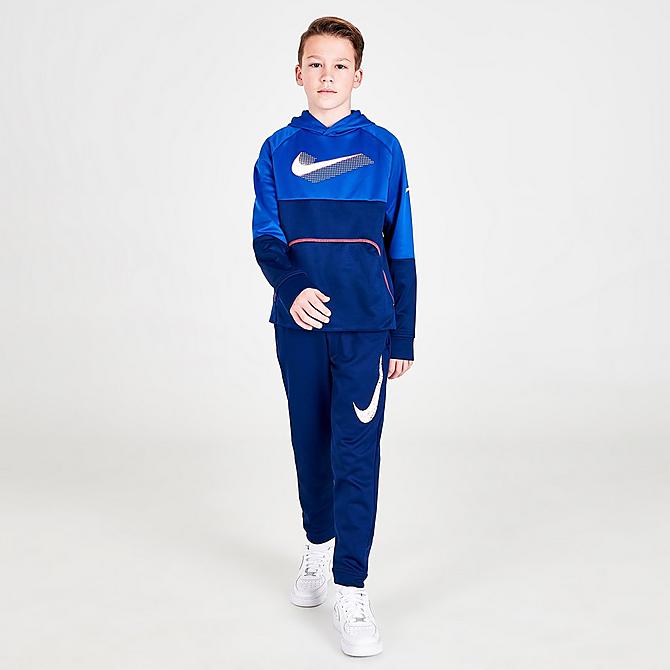 Front Three Quarter view of Boys' Nike Therma-FIT Graphic Pullover Training Hoodie Click to zoom