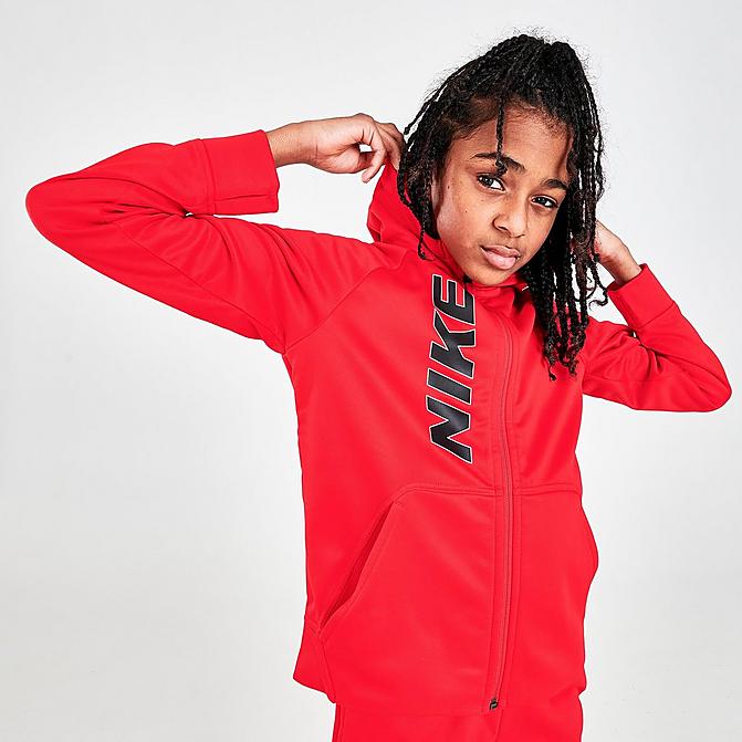 Front view of Boys' Nike Therma-FIT Trophy Graphic Full-Zip Training Hoodie in University Red/White/Black Click to zoom