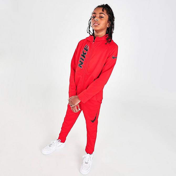 Front Three Quarter view of Boys' Nike Therma-FIT Trophy Graphic Full-Zip Training Hoodie in University Red/White/Black Click to zoom