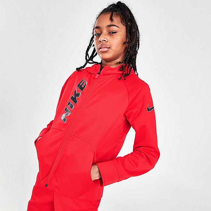 Back Left view of Boys' Nike Therma-FIT Trophy Graphic Full-Zip Training Hoodie in University Red/White/Black Click to zoom