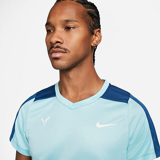 Back Left view of Men's NikeCourt Dri-FIT Rafa Challenger Tennis Top in Copa/Court Blue/Court Blue/White Click to zoom
