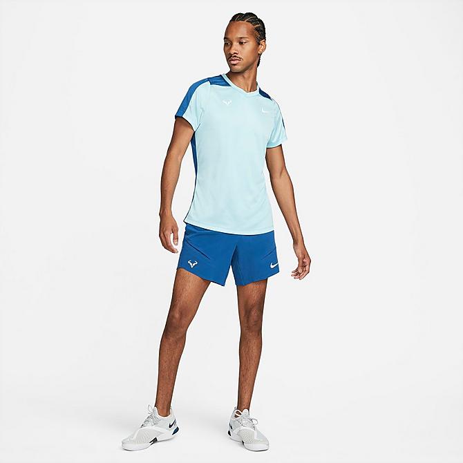 Back Right view of Men's NikeCourt Dri-FIT Rafa Challenger Tennis Top in Copa/Court Blue/Court Blue/White Click to zoom
