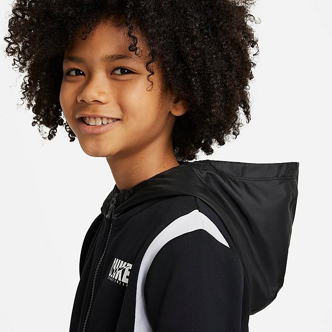 On Model 5 view of Boys' Nike Poly Woven Track Suit in Black/White Click to zoom