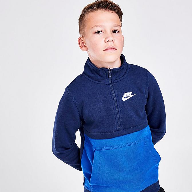 Front view of Boys' Nike Sportswear Club Half-Zip Sweatshirt in Midnight Navy/Game Royal/White Click to zoom