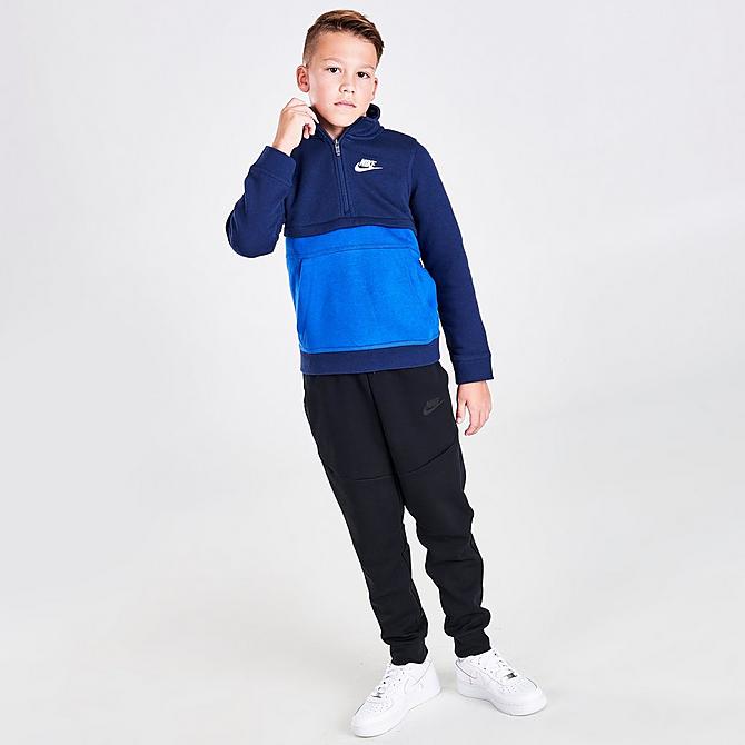 Front Three Quarter view of Boys' Nike Sportswear Club Half-Zip Sweatshirt in Midnight Navy/Game Royal/White Click to zoom
