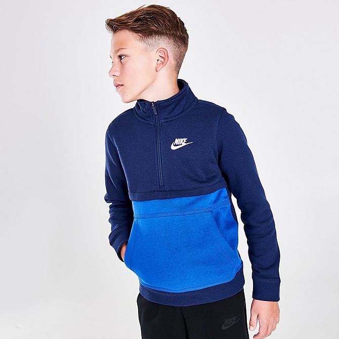 Back Left view of Boys' Nike Sportswear Club Half-Zip Sweatshirt in Midnight Navy/Game Royal/White Click to zoom
