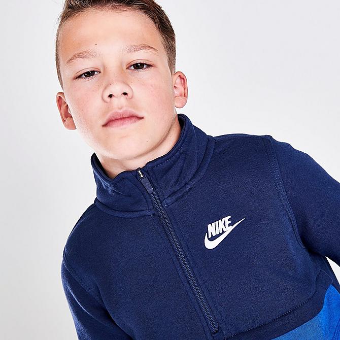 On Model 6 view of Boys' Nike Sportswear Club Half-Zip Sweatshirt in Midnight Navy/Game Royal/White Click to zoom