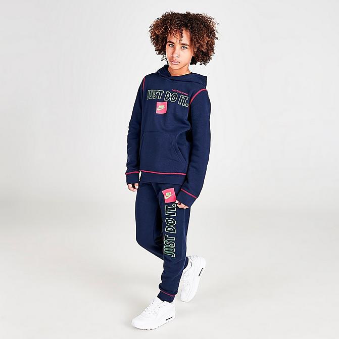 Front view of Boys' Nike Sportswear Just Do It Jogger Pants in Navy/Lime Click to zoom