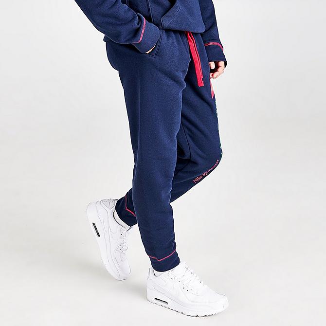 Back Left view of Boys' Nike Sportswear Just Do It Jogger Pants in Navy/Lime Click to zoom