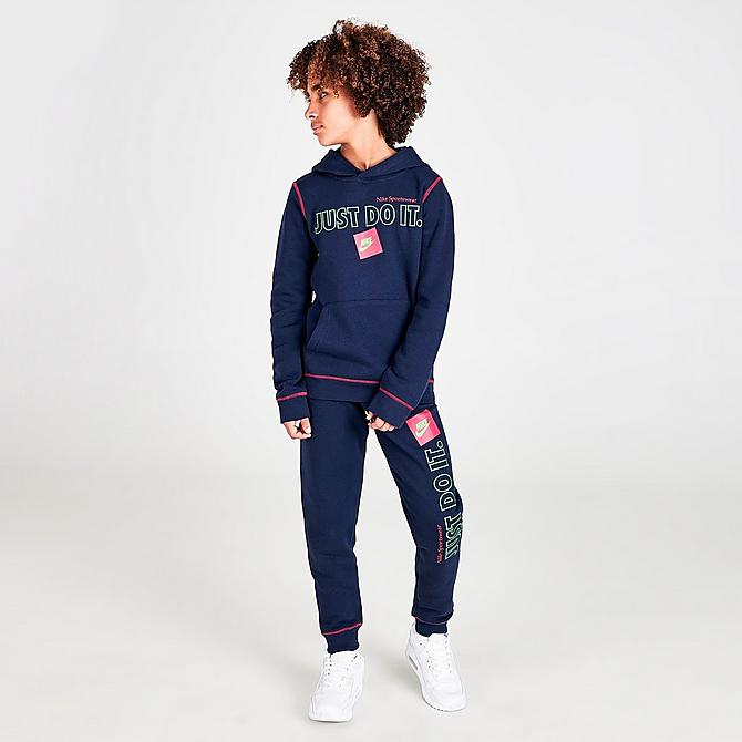 Front Three Quarter view of Boys' Nike Sportswear JDI Pullover Hoodie in Obsidian/Very Berry Click to zoom
