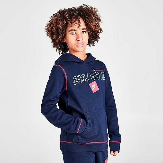 Back Left view of Boys' Nike Sportswear JDI Pullover Hoodie in Obsidian/Very Berry Click to zoom