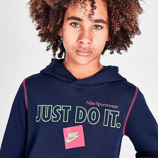 On Model 5 view of Boys' Nike Sportswear JDI Pullover Hoodie in Obsidian/Very Berry Click to zoom