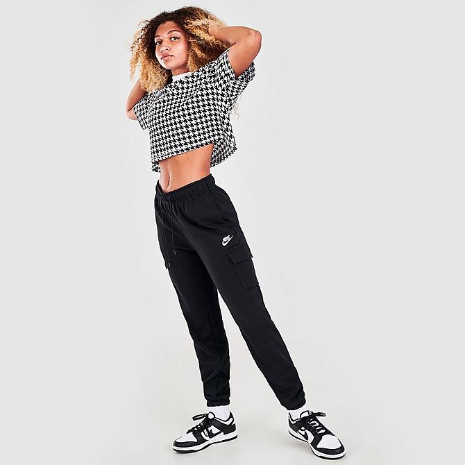 Front Three Quarter view of Women's Nike Sportswear Collections Essentials Fleece Cargo Pants in Black/White Click to zoom