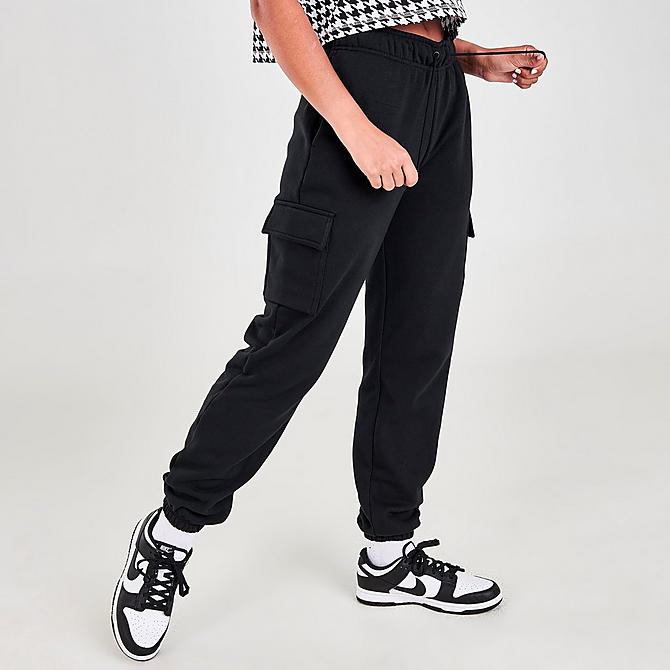 Back Left view of Women's Nike Sportswear Collections Essentials Fleece Cargo Pants in Black/White Click to zoom