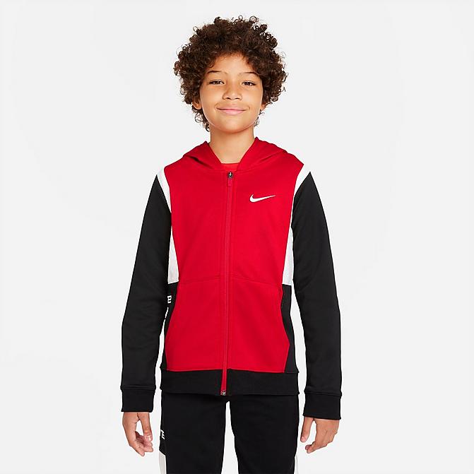 Front view of Boys' Nike Therma-FIT Elite Basketball Hoodie in University Red/Black/White/White Click to zoom