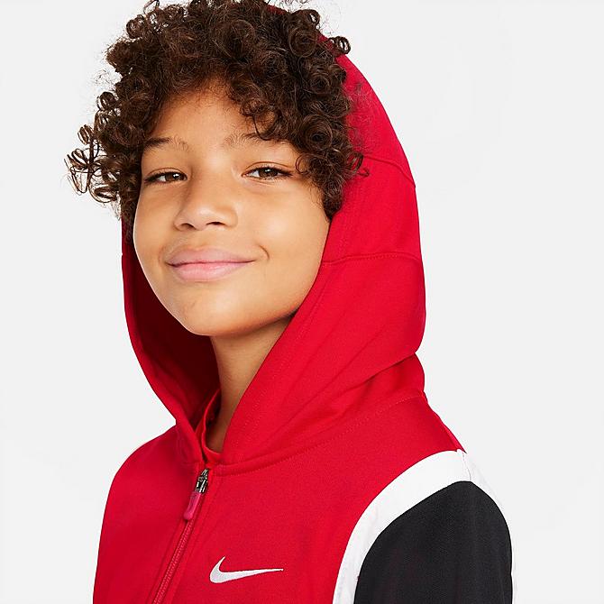 Back Right view of Boys' Nike Therma-FIT Elite Basketball Hoodie in University Red/Black/White/White Click to zoom