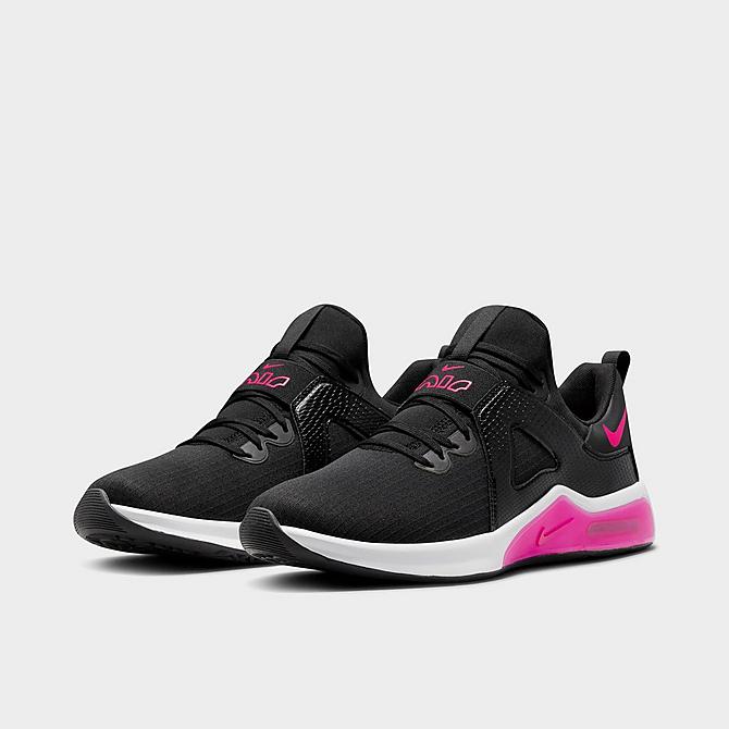 Three Quarter view of Women's Nike Air Max Bella TR 5 Training Shoes in Black/White/Rush Pink Click to zoom