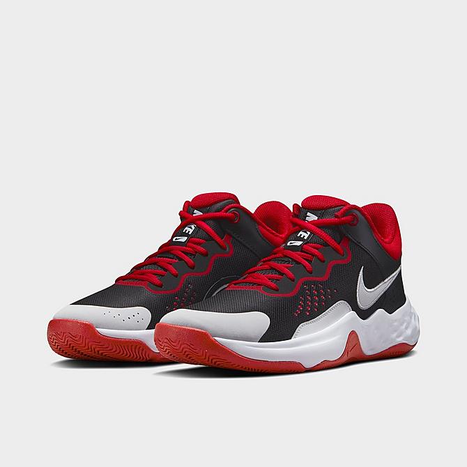 Three Quarter view of Men's Nike Fly By Mid 3 Basketball Shoes in Black/White/Gym Red Click to zoom