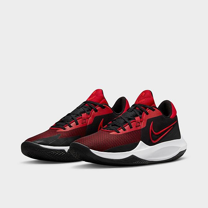 Three Quarter view of Men's Nike Precision 6 Basketball Shoes in Black/University Red/Gym Red/White Click to zoom