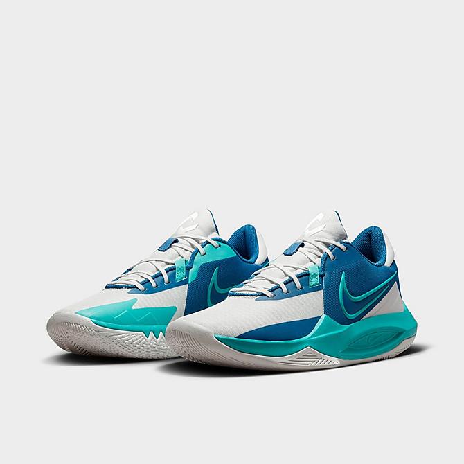 Three Quarter view of Men's Nike Precision 6 Basketball Shoes in Phantom/Clear Jade/Industrial Blue Click to zoom