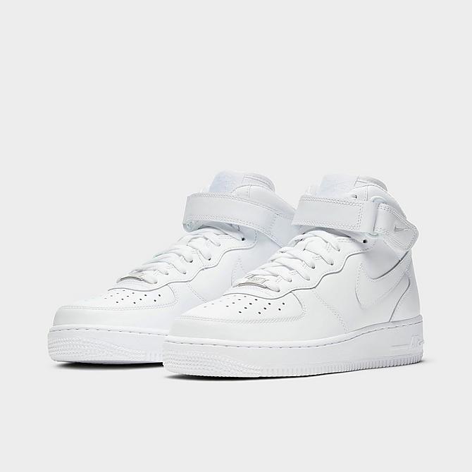 Three Quarter view of Women's Nike Air Force 1 '07 Mid Casual Shoes in White/White/White Click to zoom