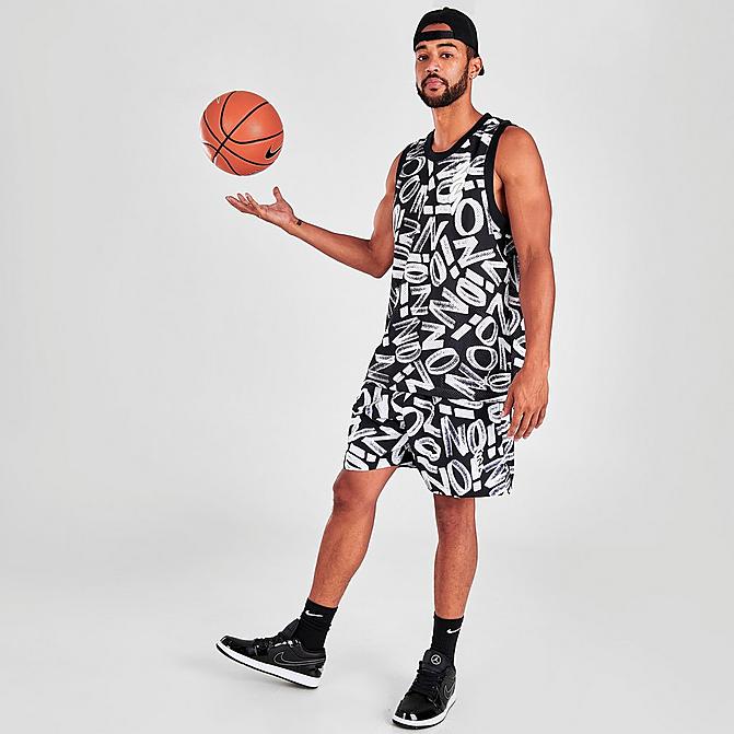 Front view of Men's Jordan Dri-FIT Zion Allover Print Woven Shorts in Black/Light Smoke Grey/White Click to zoom