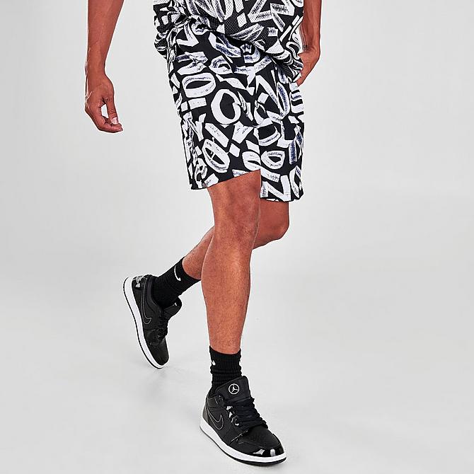 Front Three Quarter view of Men's Jordan Dri-FIT Zion Allover Print Woven Shorts in Black/Light Smoke Grey/White Click to zoom