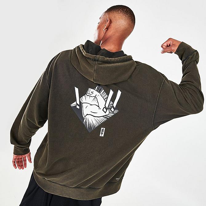 Back Right view of Men's Jordan Dri-FIT Zion Performance Fleece Hoodie in Black/White Click to zoom