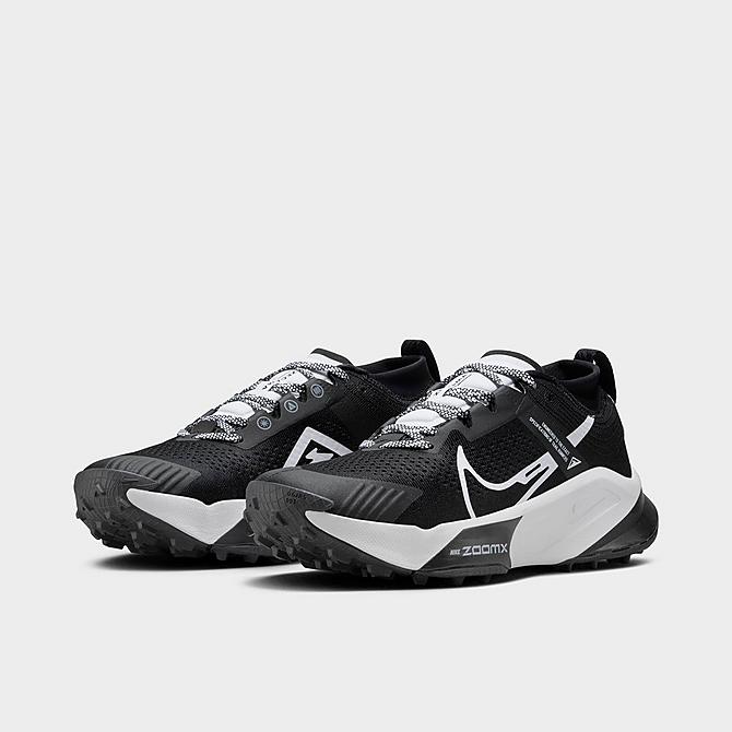 Three Quarter view of Women's Nike Zegama Trail Running Shoes in Black/White Click to zoom
