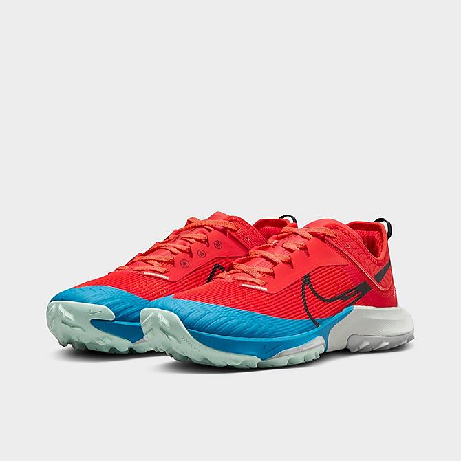 Three Quarter view of Men's Nike Air Zoom Terra Kiger 8 Trail Running Shoes in Habanero Red/Total Orange/Laser Blue/Black Click to zoom