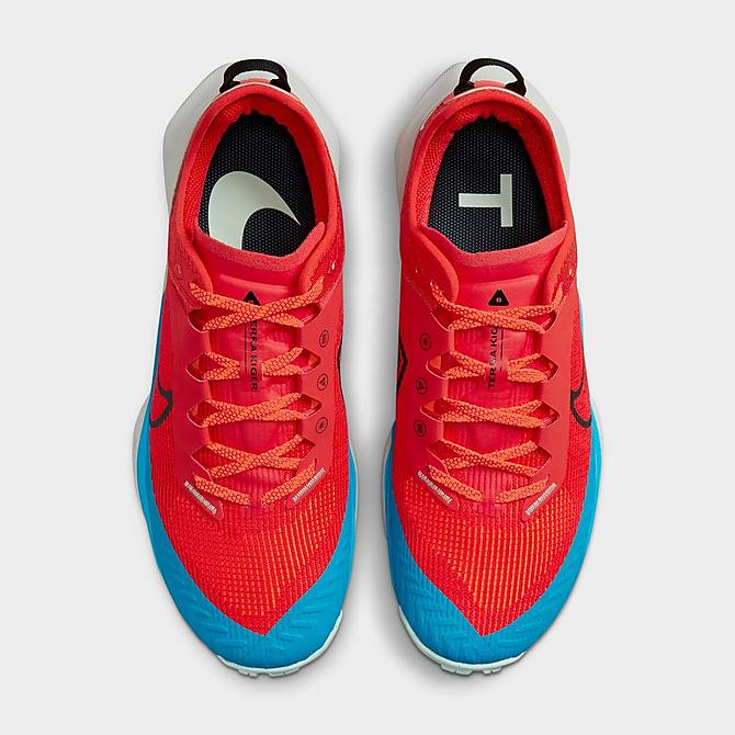 Back view of Men's Nike Air Zoom Terra Kiger 8 Trail Running Shoes in Habanero Red/Total Orange/Laser Blue/Black Click to zoom