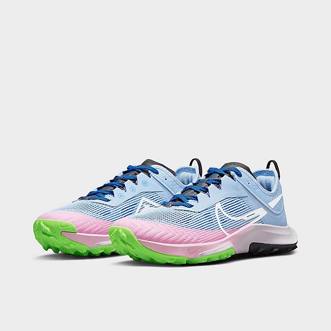 Three Quarter view of Women's Nike Air Zoom Terra Kiger 8 Trail Running Shoes in Light Marine/Hyper Royal/Black/White Click to zoom
