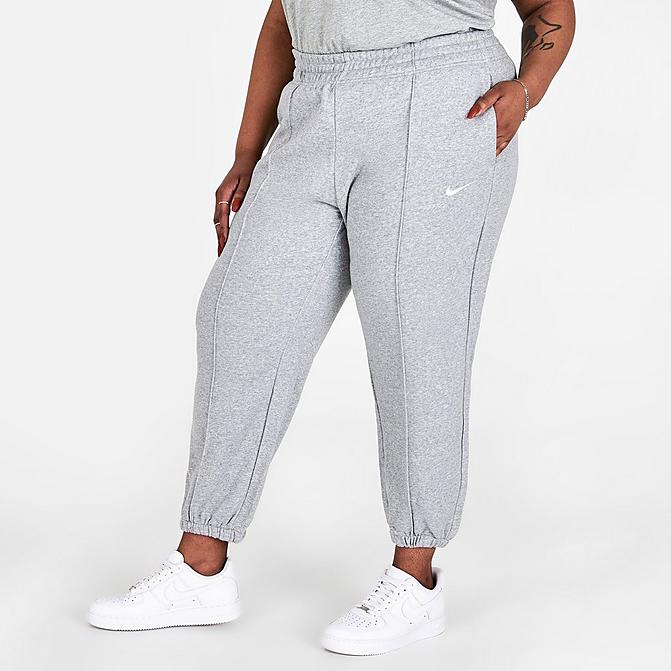 Front view of Women's Nike Sportswear Essential Fleece Jogger Pants (Plus Size) in Dark Grey Heather/White Click to zoom
