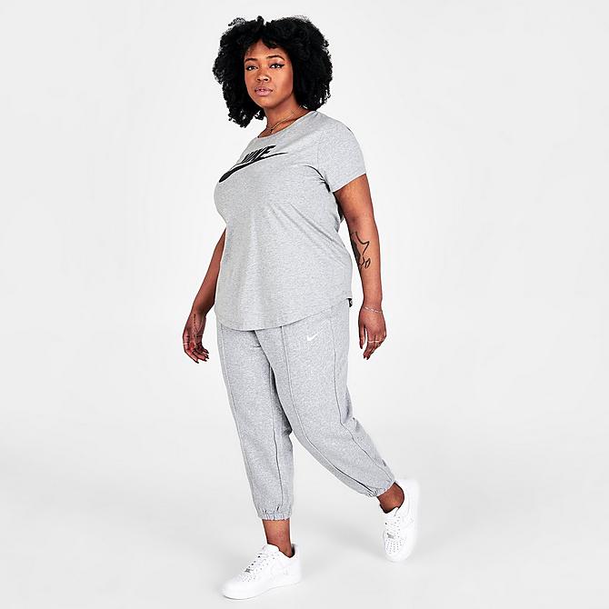 Front Three Quarter view of Women's Nike Sportswear Essential Fleece Jogger Pants (Plus Size) in Dark Grey Heather/White Click to zoom