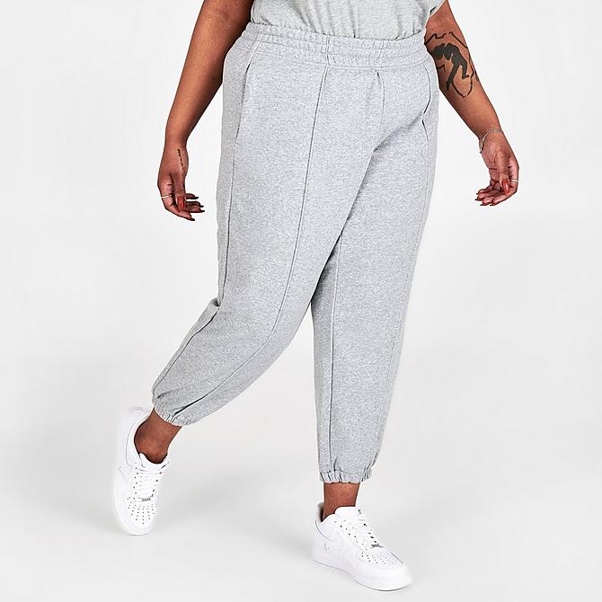 Back Left view of Women's Nike Sportswear Essential Fleece Jogger Pants (Plus Size) in Dark Grey Heather/White Click to zoom