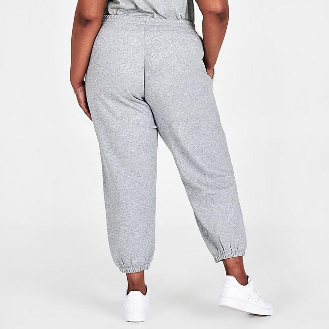 Back Right view of Women's Nike Sportswear Essential Fleece Jogger Pants (Plus Size) in Dark Grey Heather/White Click to zoom