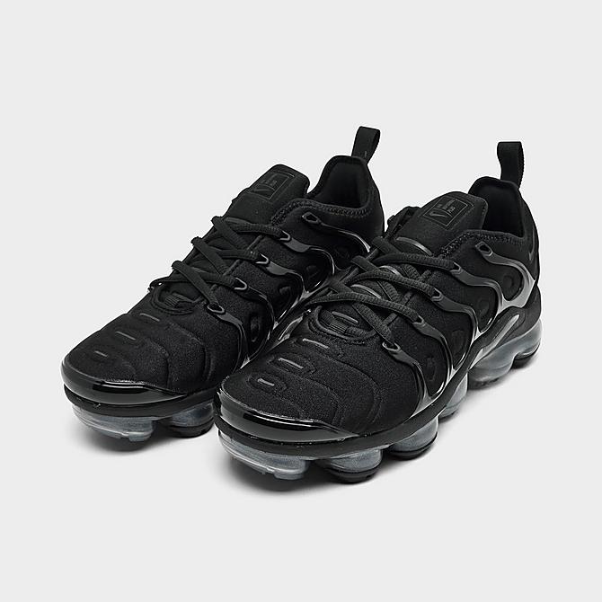 Three Quarter view of Women's Nike Air VaporMax Plus SE Running Shoes in Black/Black/Anthracite Click to zoom