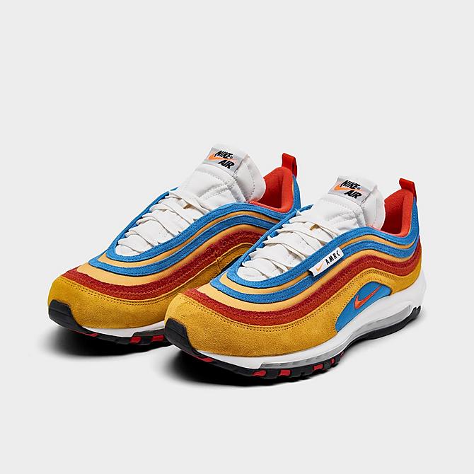 Three Quarter view of Men's Nike Air Max 97 SE AMRC Casual Shoes in Pollen/Orange/Light Photo Blue Click to zoom
