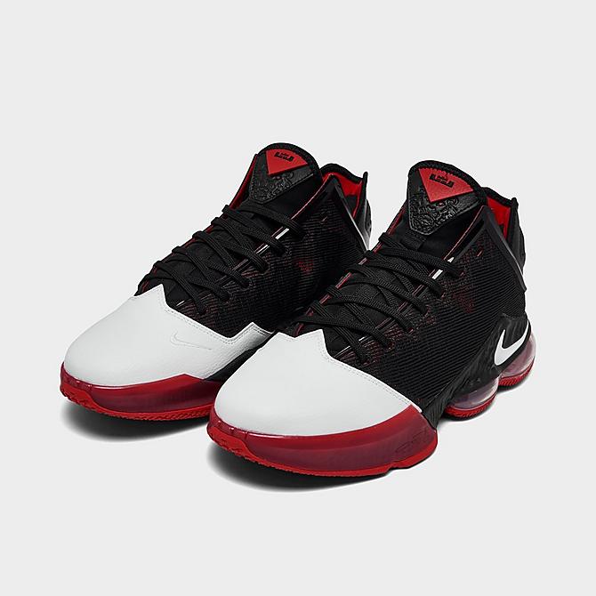 Three Quarter view of Nike LeBron 19 Low Basketball Shoes in Black/White/University Red Click to zoom