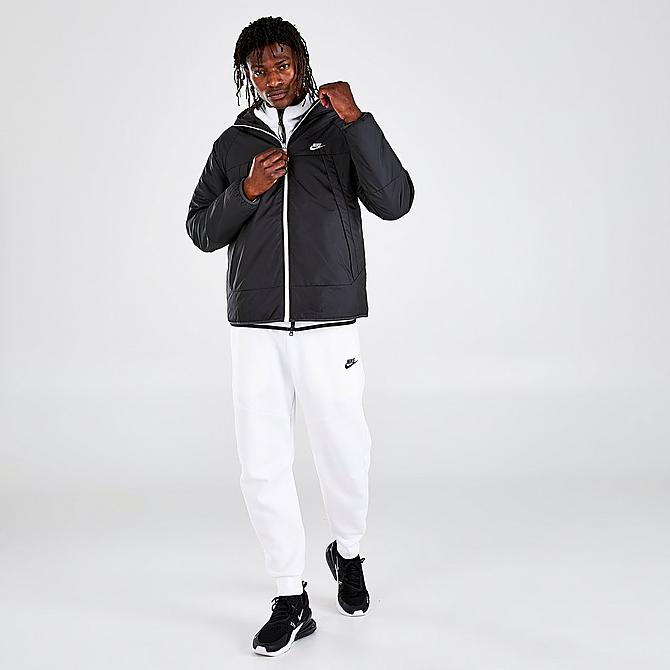 Front Three Quarter view of Men's Nike Sportswear Therma-FIT Legacy Reversible Hooded Jacket in Black/Dark Smoke Grey/Sail Click to zoom