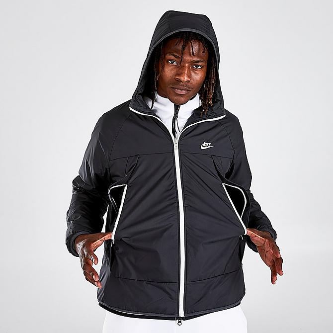 Back Left view of Men's Nike Sportswear Therma-FIT Legacy Reversible Hooded Jacket in Black/Dark Smoke Grey/Sail Click to zoom