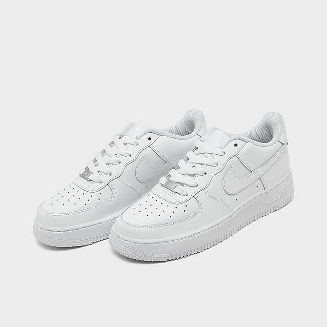 Three Quarter view of Big Kids' Nike Air Force 1 Low Casual Shoes in White/White Click to zoom