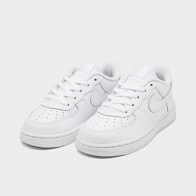 Three Quarter view of Kids' Toddler Nike Air Force 1 LE Casual Shoes in White/White Click to zoom