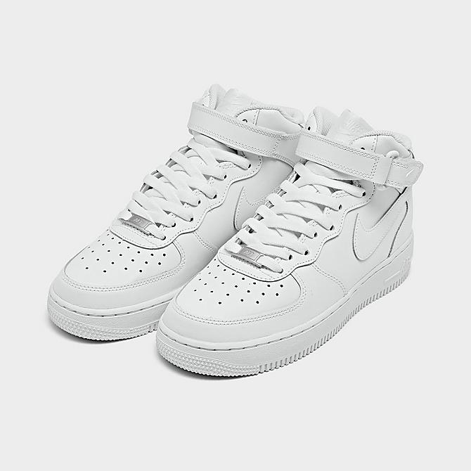Three Quarter view of Big Kids' Nike Air Force 1 MId '07 LE Casual Shoes in White/White Click to zoom