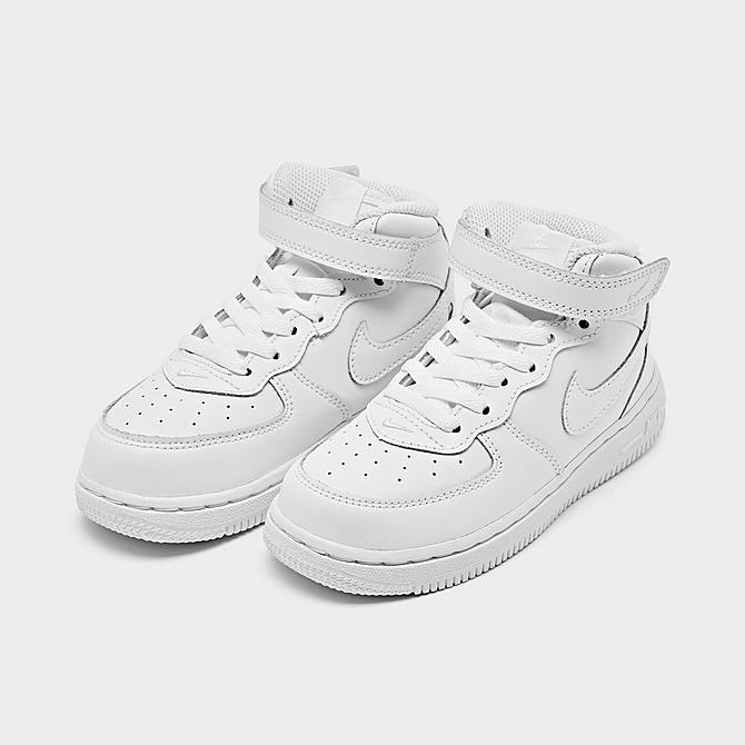 Three Quarter view of Kids' Toddler Nike Air Force 1 Mid Casual Shoes in White/White Click to zoom