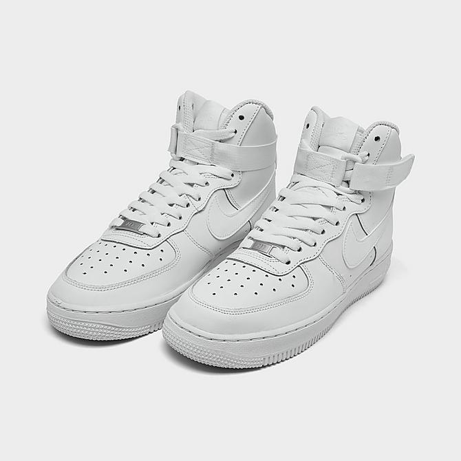 Three Quarter view of Big Kids' Nike Air Force 1 High LE Casual Shoes in White/White/White Click to zoom