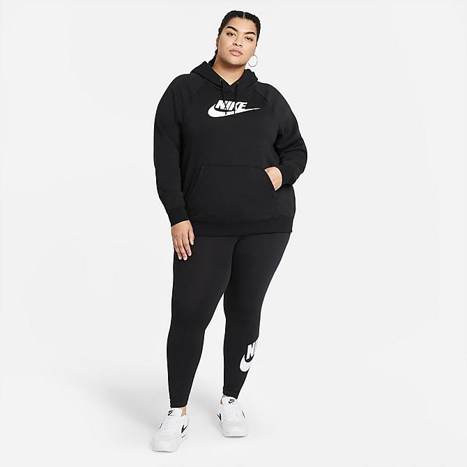 Front Three Quarter view of Women's Nike Sportswear Essential Hoodie (Plus Size) in Black/White Click to zoom