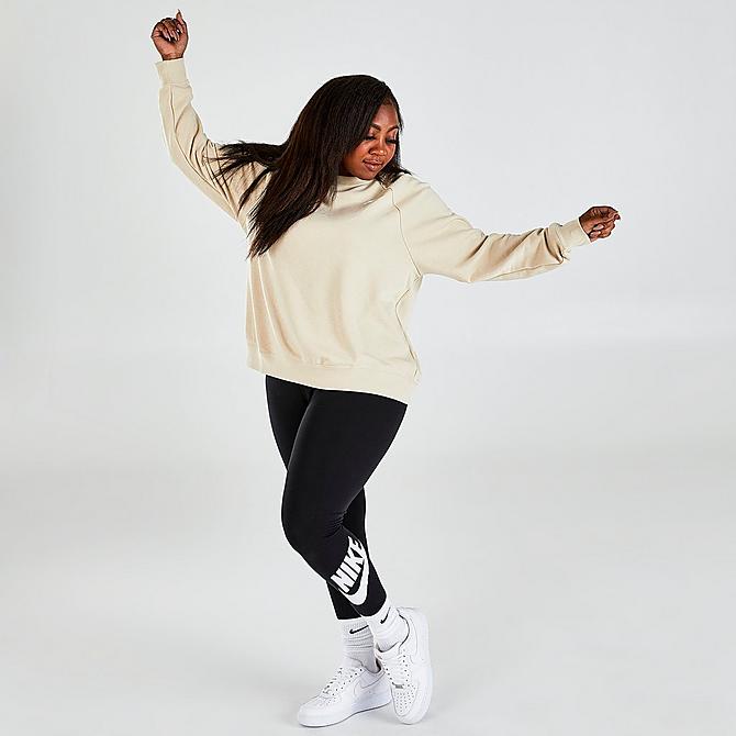 Front Three Quarter view of Women's Nike Sportswear Essential Fleece Crewneck Sweatshirt (Plus Size) in Rattan/White Click to zoom