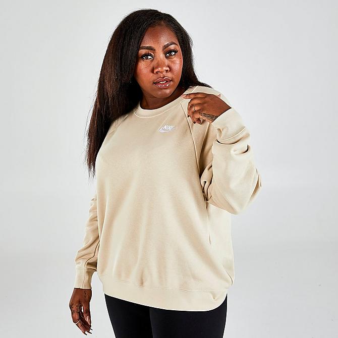Back Left view of Women's Nike Sportswear Essential Fleece Crewneck Sweatshirt (Plus Size) in Rattan/White Click to zoom